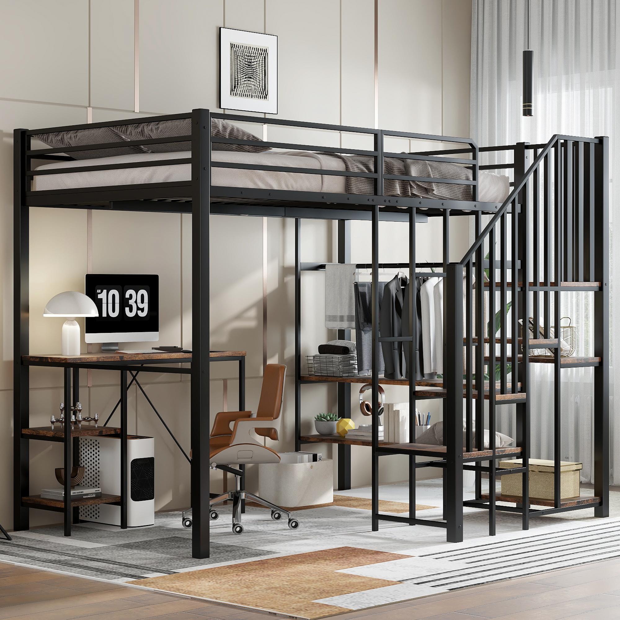 Merax Hochbett Etagenbett 120x200 mit Schreibtisch und Regalen, Kinderbett mit Kleiderschrank, Industrial Jugendbett mit Ecktreppe Stauraum, Schwarz