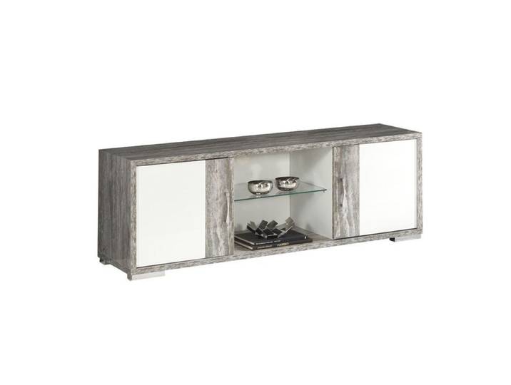 DENYS - Meuble TV 2 Portes Laqué Blanc et Effet Bois Taupe