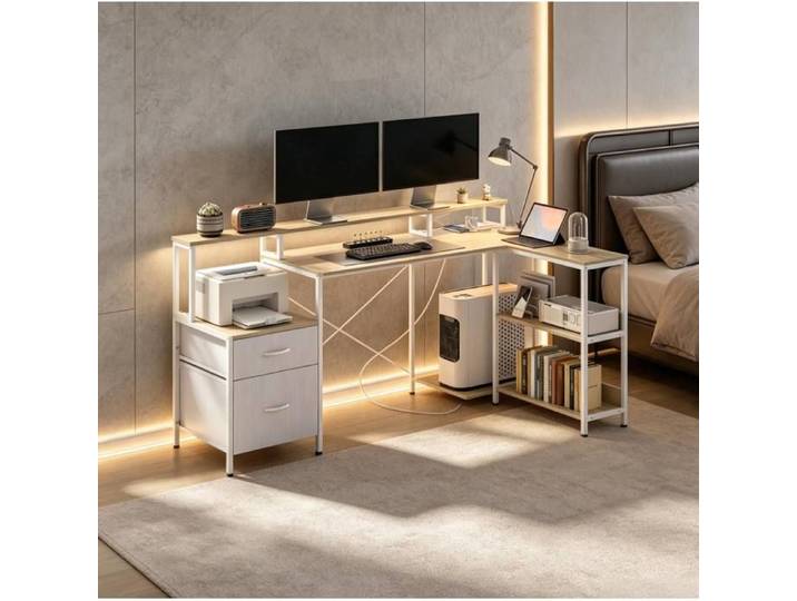 Bureau D'angle Blanc Effet Bois Bureau D'angle Avec Led Rgb FloraGrace Pour Bureau Avec Prises Integrees 172x100x89cm