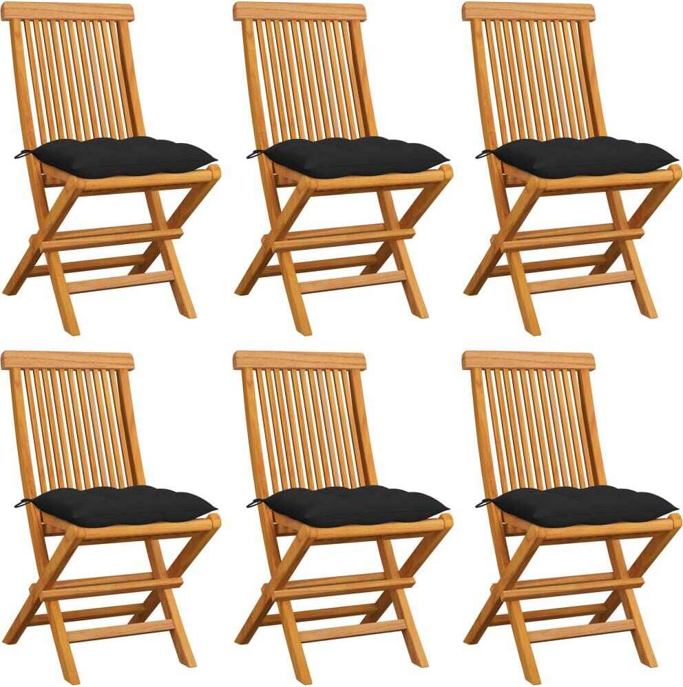 Gartenstühle mit Schwarzen Kissen 6 Stk. Massivholz Teak
