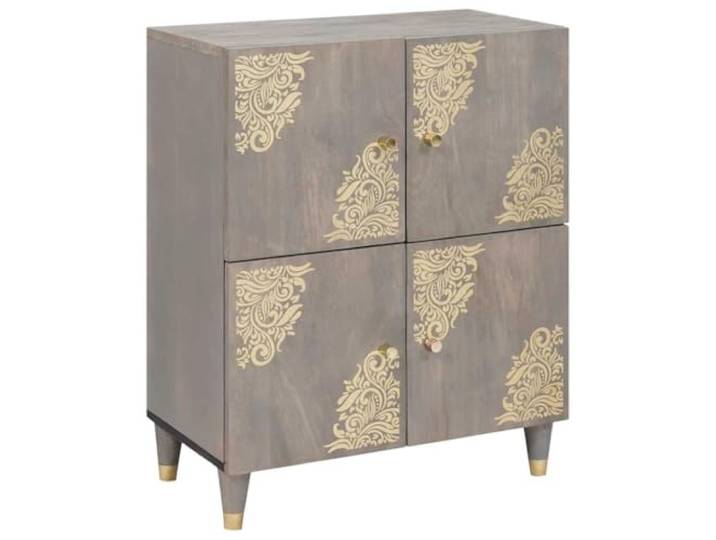 Sideboard Grau und Gold 60 x 33 x 75 cm Massivholz Mango Goldenes Siebdruckdesign, Messingknäufe, Türen mit Scharnieren, Massivholz Mango, Holzwerkstoffe, Wohnzimmer, Esszimmer,