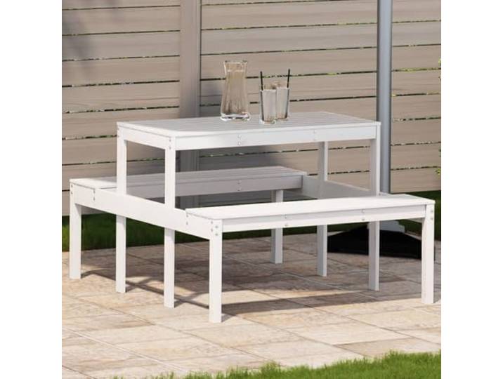 MNCVXAXG Picknicktisch weiß 110 x 134 x 75 cm aus massivem Kiefernholz Massivholz, unbehandeltes Kiefernholz, Latten-Design, robuste Tischplatte für Veranda, Terrasse, Hof, Rasen, Garten, Montage