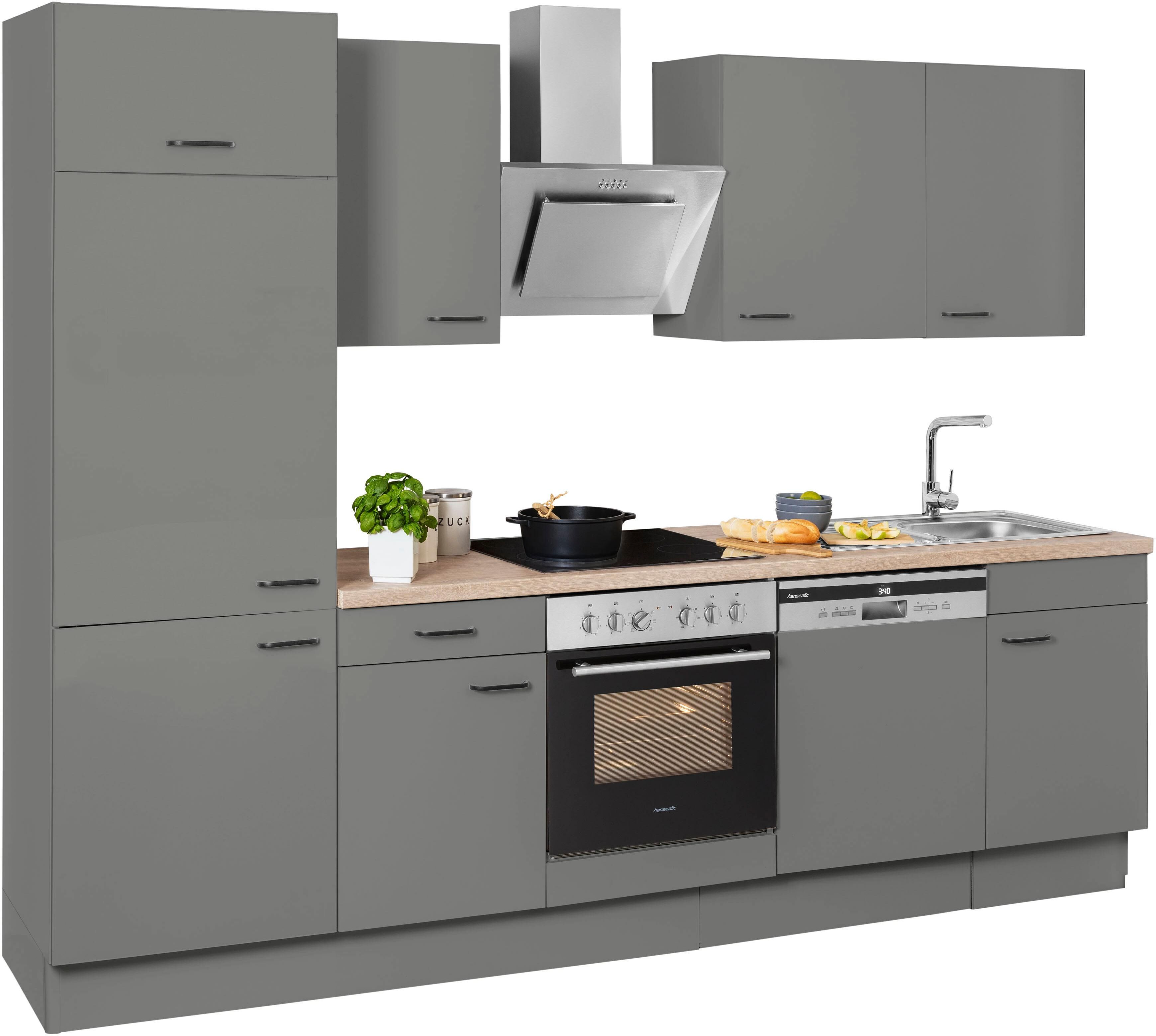 Küchenzeile OPTIFIT "Elga", grau (küche: grau, korpus: eichefarben, arbeitsplatte: eichefarben hell), B:280cm T:60cm, Komplettküchen-Sets, Küchenzeile, Premium-Küche mit Soft-Close-Funktion, Vollauszug, Breite 280 cm