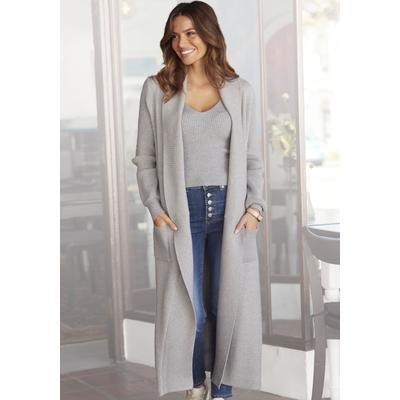 Longstrickjacke LASCANA "mit Rippstrickdetails und Taschen", Damen, Gr. 32/34, grau (grau, meliert), Strick, Obermaterial: 50% Viskose, 28% Polyester, 22% Polyamid, meliert, figurumspielend ca. Mitte Wade, Strickjacken Longstrickjacke, lässiger...
