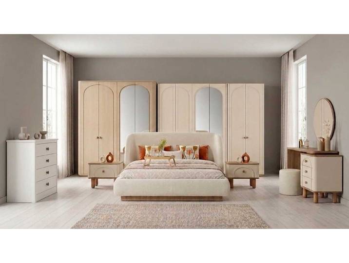 Xlmoebel Schlafzimmer-Set Schlafzimmer Set Beige Modern Luxus Bett Nachttisch Schminktisch, (9-tlg., inkl. 2 Nachttische, 2 Kleiderschränke, Schminktisch, Spiegel)