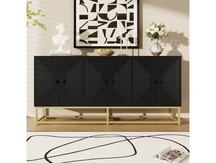 Buffet bas - DREAMMESPACE - 3 portes - Noir mat - Pieds dorés - 160x38x75.5cm