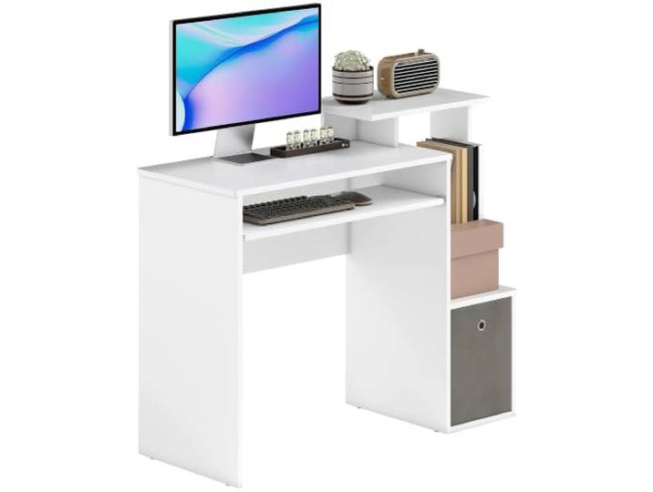 HOMCOM Bureau Informatique Multimédia Étagères Tablette Clavier Blanc Gris Panier\, Panneaux Particules