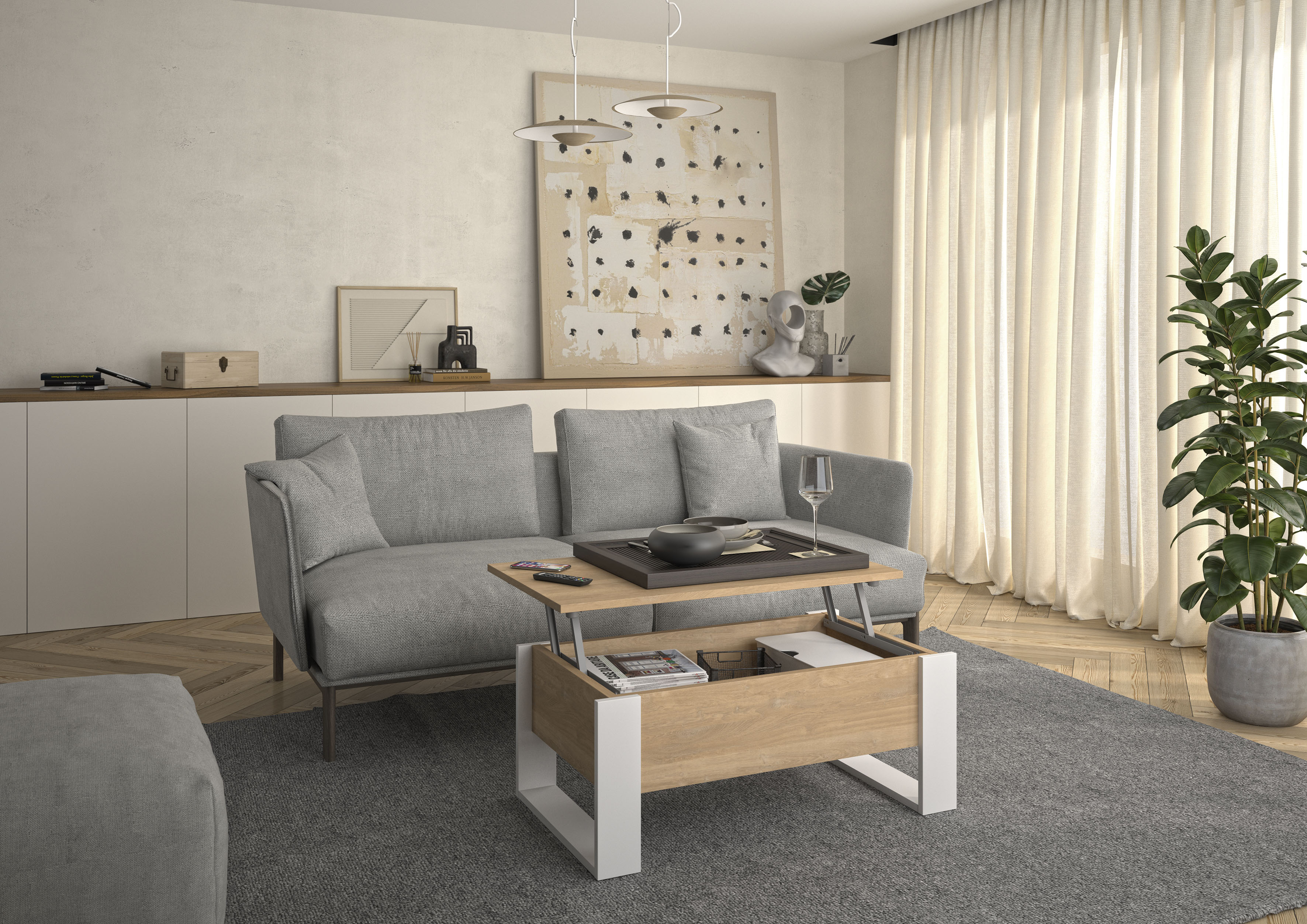 Couchtisch GAMI "DENVER", braun (blond eiche nachbildung, uni weiß, uni weiß, blond eiche nachbildung), B:90cm H:40cm T:52cm, Spanplatte, Tische, Couchtisch, Hochklappbare Tischplatte blond eiche nachbildung, uni weiß, uni weiß, blond eiche nachbildung B/