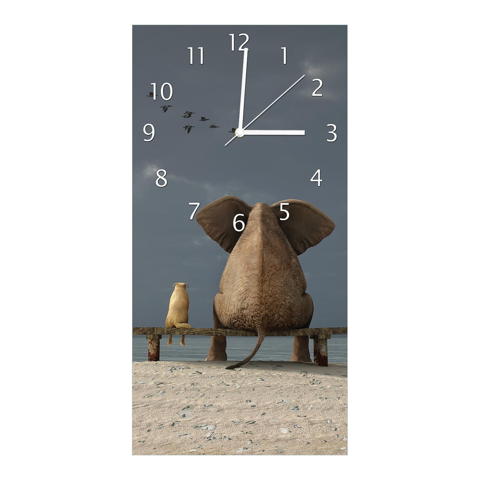 Wallario Uhr 30 x 30 cm, schwarze Zeiger Elefant und Hund sitzen auf einer Bank