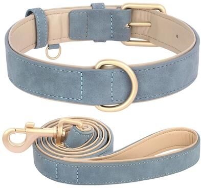Uplift Essentials Sophisticated Padded PU Leather Dog Collar & Leash Set Adjustable Comfort Walk Kit blue