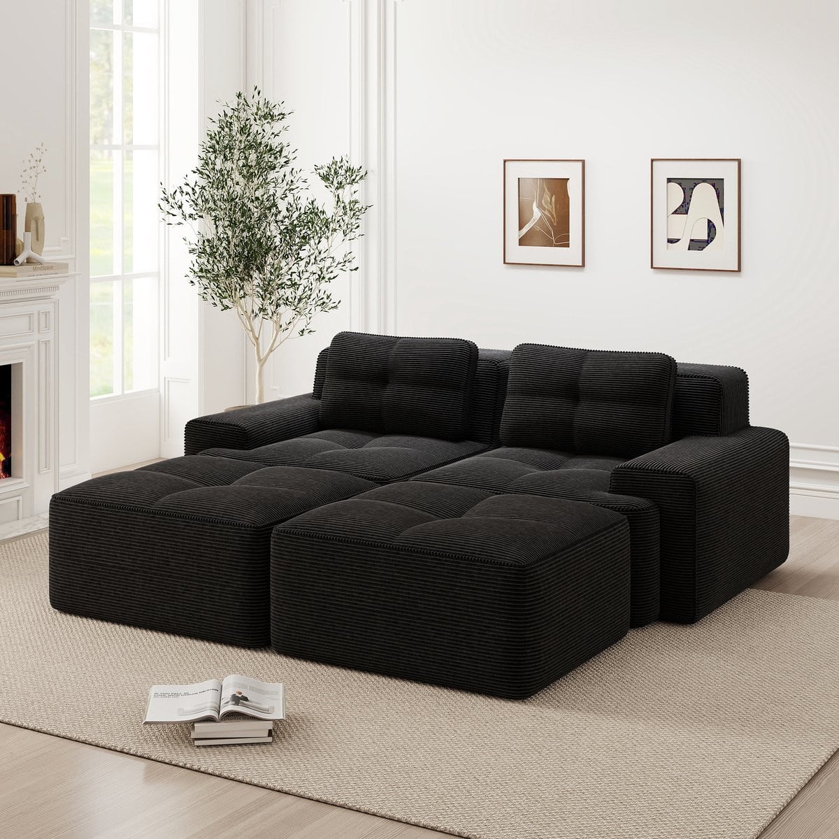Zubaliya Modulaire Cloud Bank U-vorm - Boneless Sofa met Ottoman - 2-zits - Zwart Corduroy
