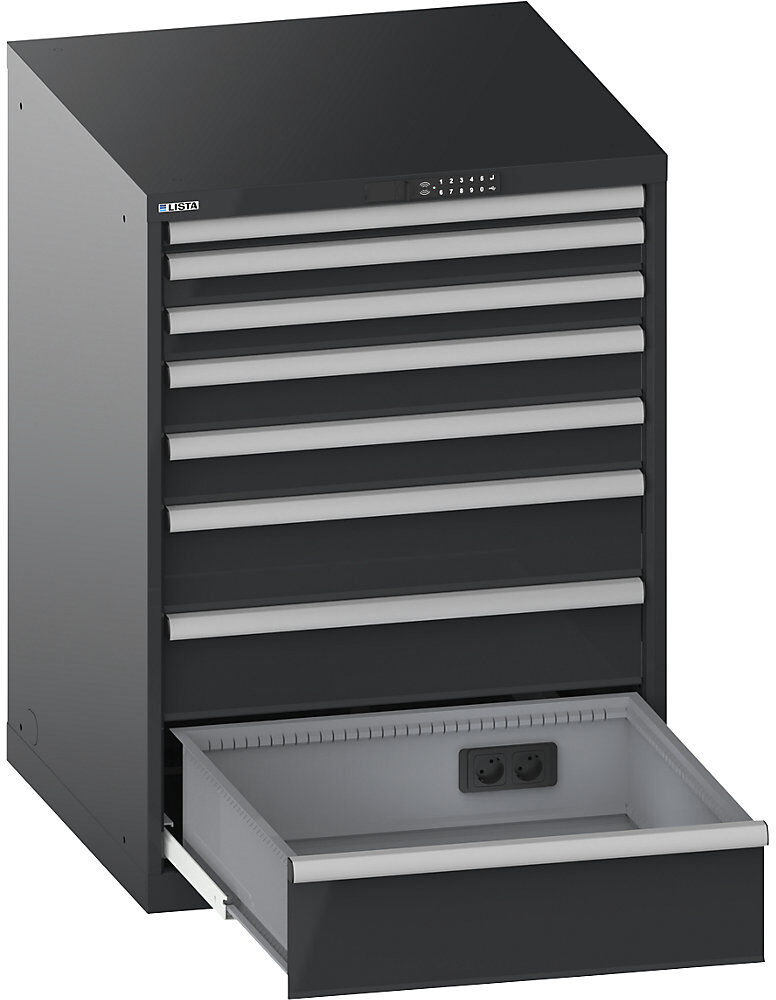 Schubladenschrank, mit Akkuladefunktion, RFID-Schloss, BxTxH 717 x 725 x 1000 mm, 8 Schubladen, 1 x 230V, anthrazitgrau, CH LISTA
