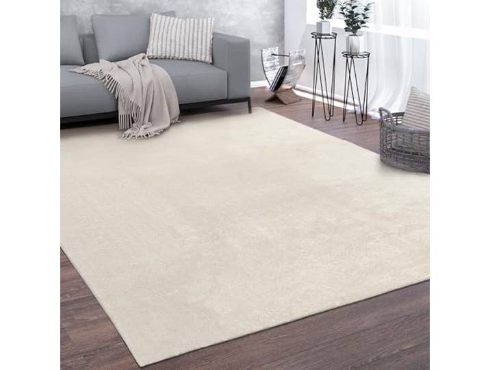 Paco Home Teppich Wohnzimmer Kurzflor Weich rutschfest Modern Einfarbiges Muster Creme, Grösse:140x200 cm