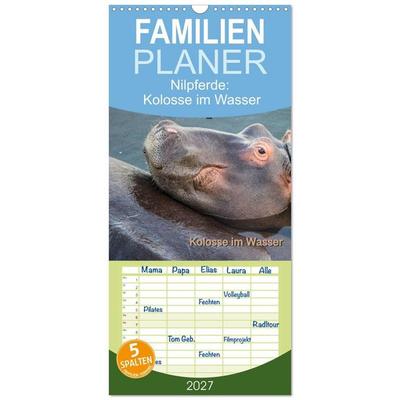 Familienplaner 2027 - Nilpferde, Kolosse im Wasser mit 5 Spalten (Wandkalender, 21 x 45 cm) CALVENDO