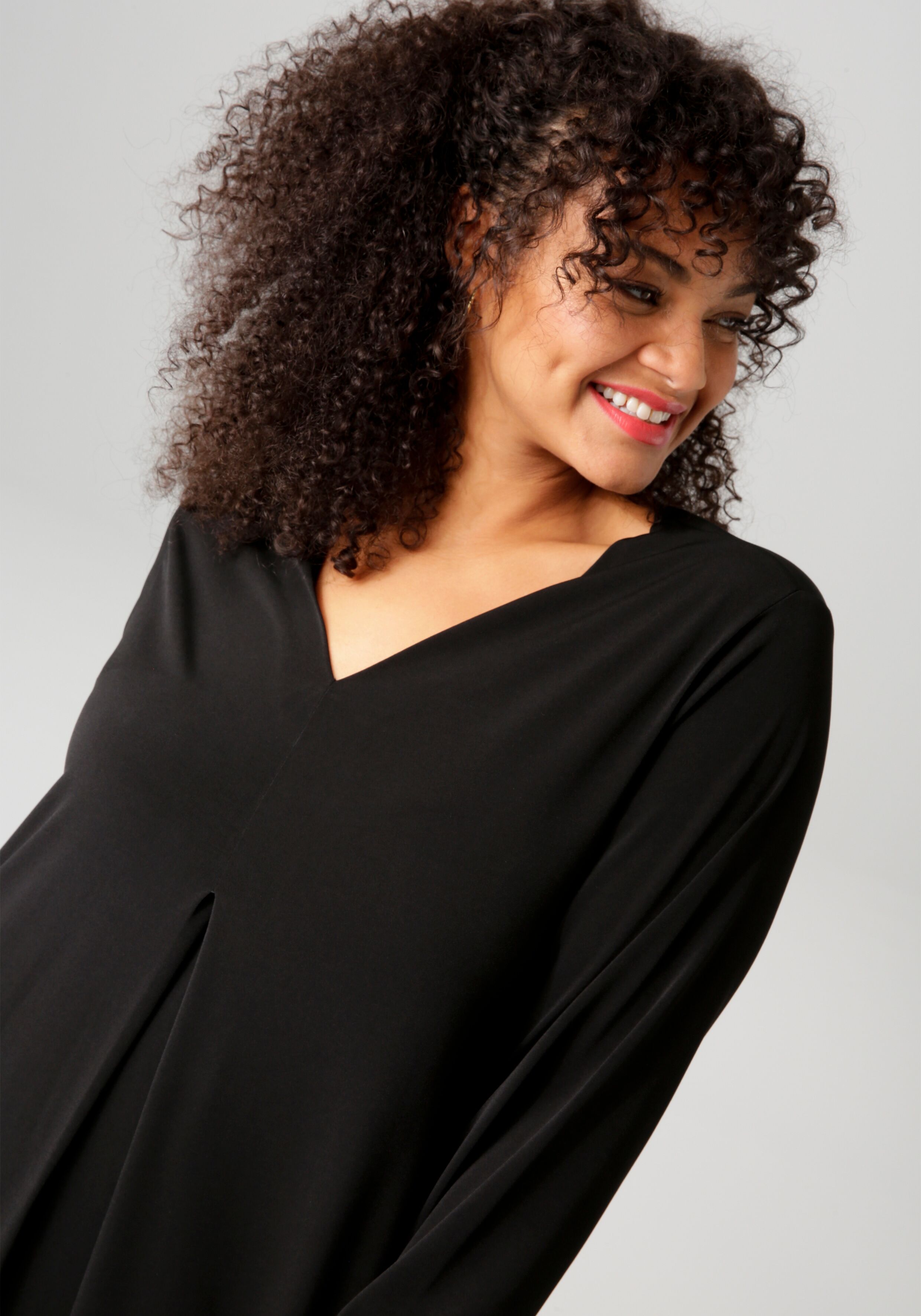 Maxikleid ANISTON PLUS, Damen, Gr. 44, N-Gr, Langarm, Single Jersey, schwarz, Single Jersey, Obermaterial: 95% Polyester, 5% Elasthan, leicht glänzend, unifarben, figurumspielend knöchelfrei, V-Ausschnitt, Kleider Maxikleid, mit raffinieren Seitenschlitze