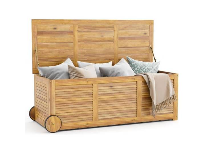COSTWAY Coffre de Rangement 182L en Bois d Acacia Charnière en Métal Banc de Rangement à Roulettes Extérieur pour Jardin Patio
