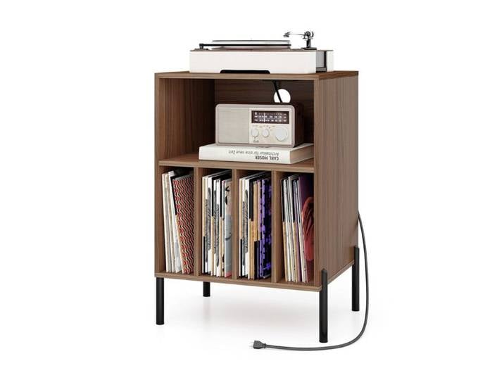 COSTWAY Support de Stockage de Disques Vinyles avec 5 Compartiments Ouverts Pieds en Métal Station de Charge USB Marron