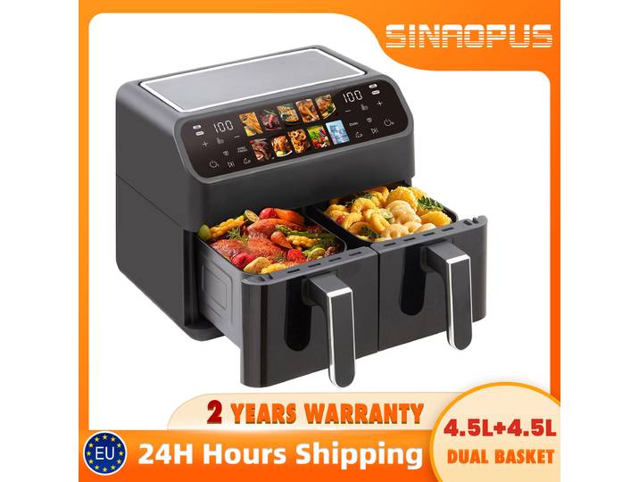 Friteuses à air chaud Sinaopus 9L à double panier – Cuisinière sans huile avec commande tactile LED et fenêtre visible, four à air chaud intelligent familial, grande capacité pour usage domestique