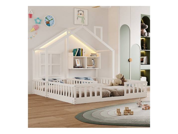 i@home Kinderbett Freistehendes Doppelbett, 90 × 200 cm, Hausdesign mit LED-Beleuchtung, Sicherheitsgeländer und Ablageflächen