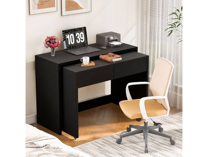 Bureau Pliant 2-en-1 110x40x78cm Table Extensible avec Rangement 2 Tiroirs Roulettes Gain de Place Noir