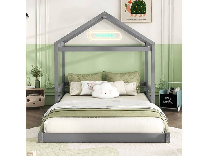 Lit cabane Lit enfant 140 x 200 cm- Lit double - SWEIKO - Pin - Gris