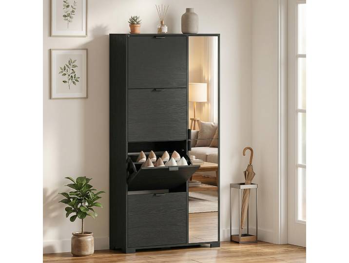 HOMCOM Armoire à Chaussures 16 Paires 4 Tiroirs Miroir Noir