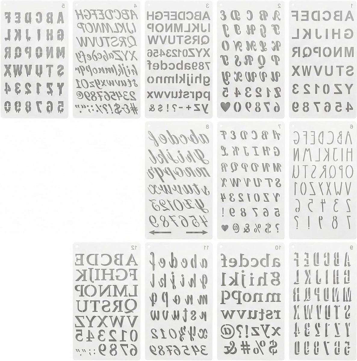 Set van 12 herbruikbare plastic sjablonen voor letters en cijfers voor knutselen, schilderen en ontwerpen