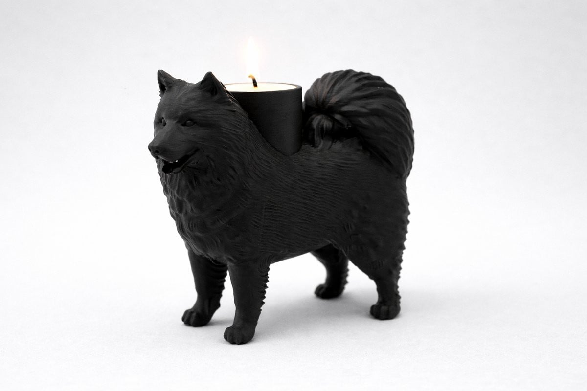 Samojeed waxinelichthouder met LED-licht, stijlvolle 3D geprinte hondenfiguur, Zwart