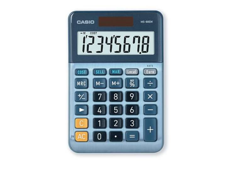 CASIO MS-88EM kleiner Tischrechner\, großes Display\, 8-stellig\, Alu-design 8-stelliges großes Display\, Währungsumrechnung\, Kosten/Verkauf/Marge\, Aluminiumfront\, Solar-/Batteriebetrieb.