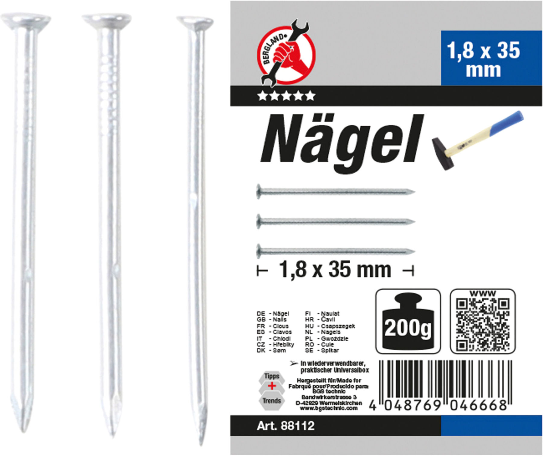 BGS Do it yourself Nägel-Sortiment 88112, 200 g, 1,8 x 35 mm)