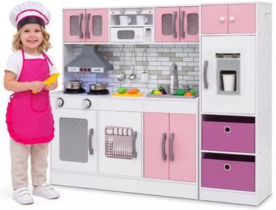 Costway Wooden Kitchen Playset with Lights and Sounds for Ages 3+-Pink