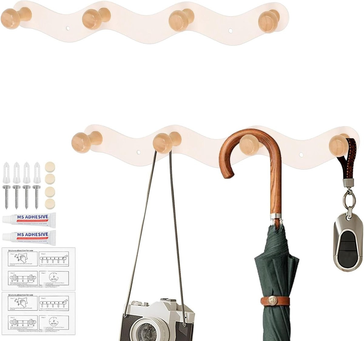 Set van 2 Wandhaken met 4 Houten Haken voor Kleding, Handdoeken en Accessoires
