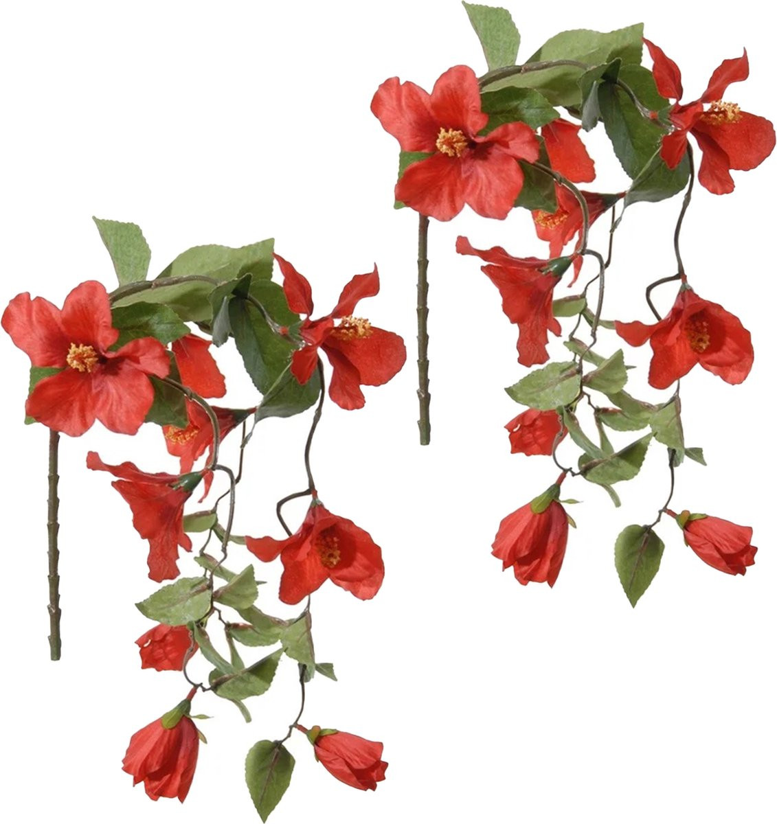 Louis Maes Hibiscus kunstbloemen - 2x - Rood - Hangende tak - 165 cm - Levensechte zomer decoratie van pvc