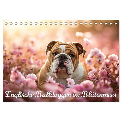 Englische Bulldoggen im Blütenmeer (Tischkalender 2026 DIN A5 quer), CALVENDO Monatskalender