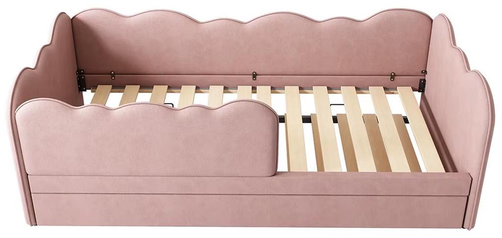 Tagesbett - Schlafsofa aus Holz - 90 x 190 cm - Ausziehbares Zusatzbett 90 x 190 cm - Hanfbezug - Rosa - Ohne Matratze