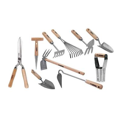 Set 10 Gartengeräte Holzstiel Edelstahl und Eisen handgeschmiedet Hohe Qualität VITO