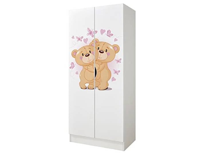 Leomark Roma Kleiderschrank 2-türig aus Holzwerkstoff, 2 Bären, Weiß Maße 70x42,5x161,5 cm, 3 Fächer, Hängebereich für Kleidung, verstellbare Scharniere, abriebfester UV-Druck, sicherer Griff