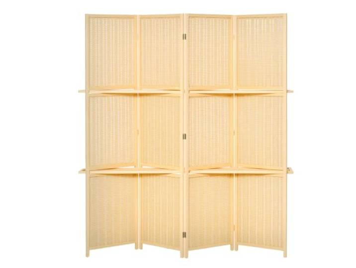 HOMCOM Paravent 4-teilig Faltbar Trennwand mit Ablage 180 x 180 cm Natur Raumteiler, Raumtrenner aus Holz und Bambus, Sichtschutz Stellwand, für Wohnzimmer