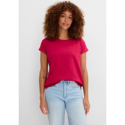 T-Shirt BONPRIX "Boxy-Shirt", Damen, Gr. 36/38 (S), beerenrot, Web, Obermaterial: 100% Baumwolle, figurumspielend normal, Rundhals, Aufschlag, Shirts T-Shirt, lockere, figurumspielende Passform, Kurzarm, Rundhalsausschnitt