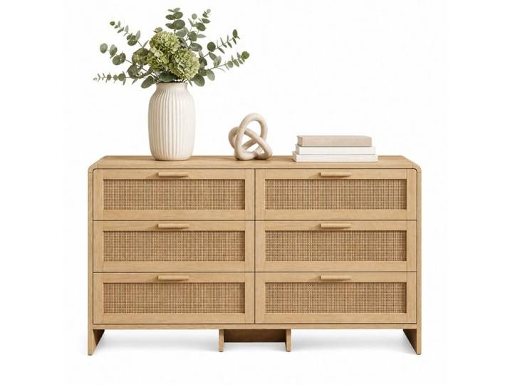 Commode - ZEVKOR - Commode 6 tiroirs - 6 tiroirs profonds - Aspect bois naturel - 130×40×74 cm