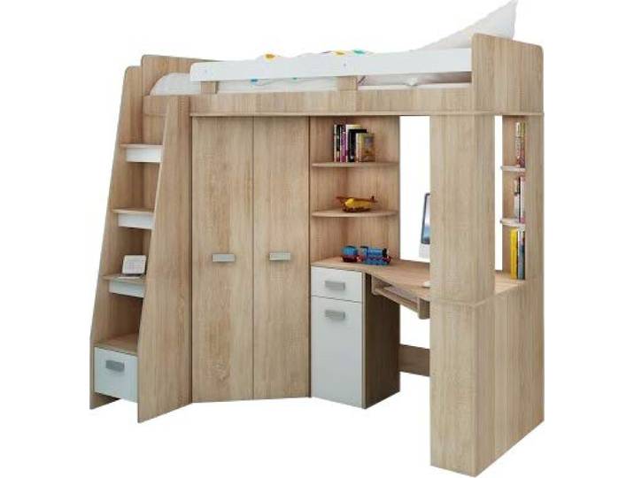 FurnitureByJDM Hochbett mit Schreibtisch, Schrank und Regalen Komplettes Möbelset (120x204 cm) - Kinderbett 80x200 cm mit Stauraum - Treppe Linken Seite (Eiche Sonoma/Weiß)