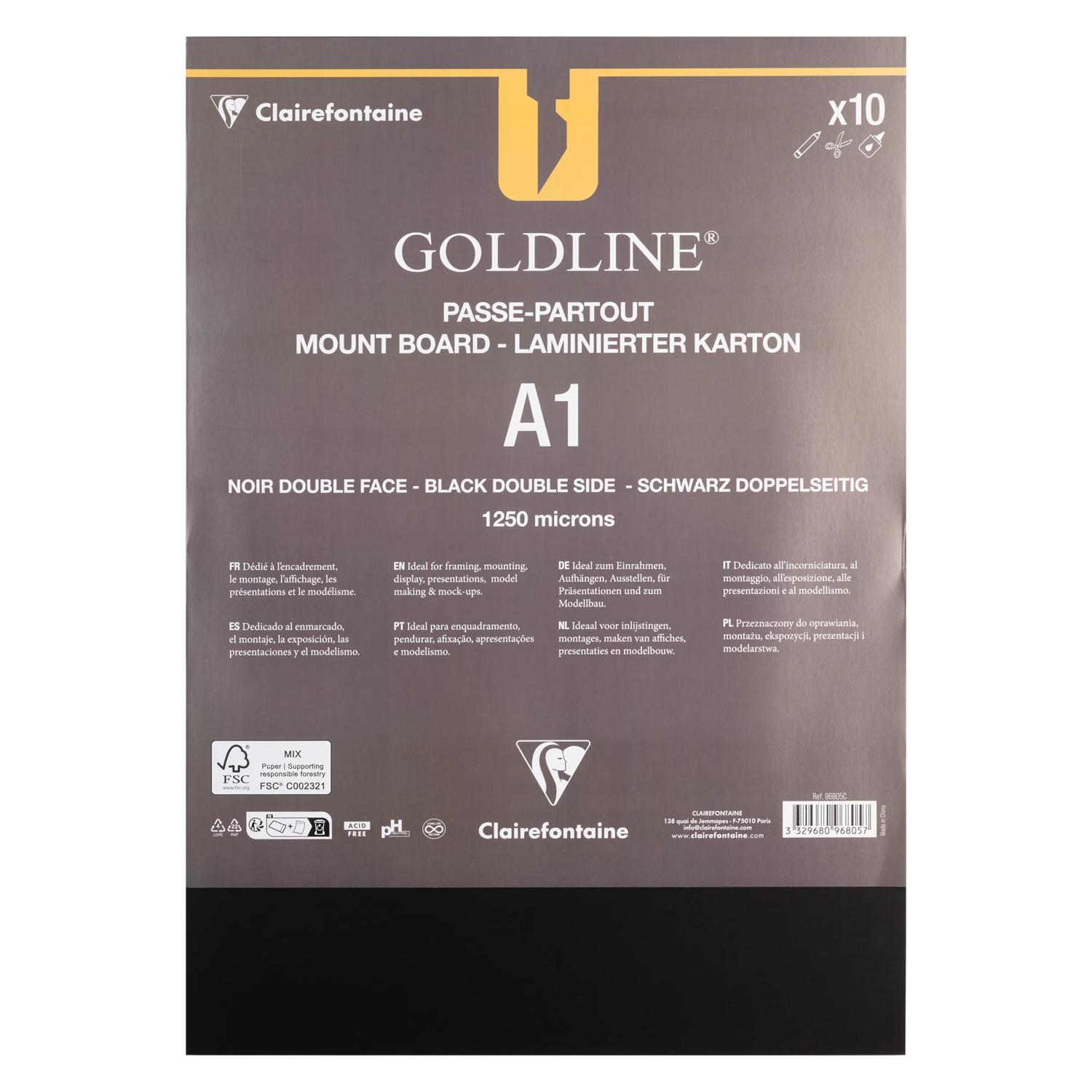 Clairefontaine Goldline Passepartoutkarton A1, 10 Bogen 1,25mm - Schwarz / Schwarz (3x) (96805C)