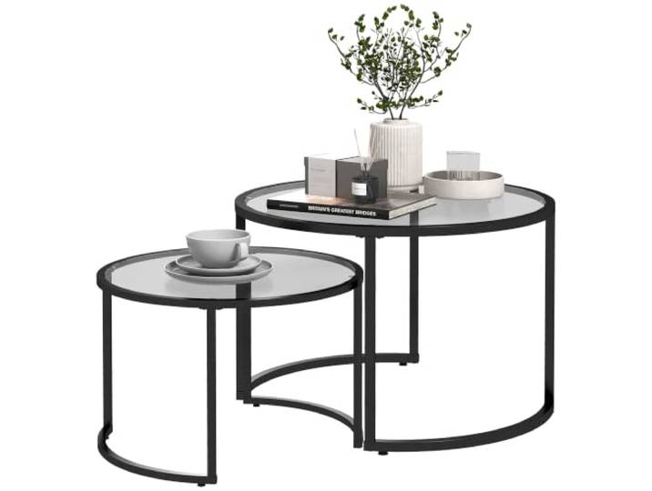 HOMCOM Couchtisch rund 2er Set Beistelltisch mit Tischplatte aus Hartglas