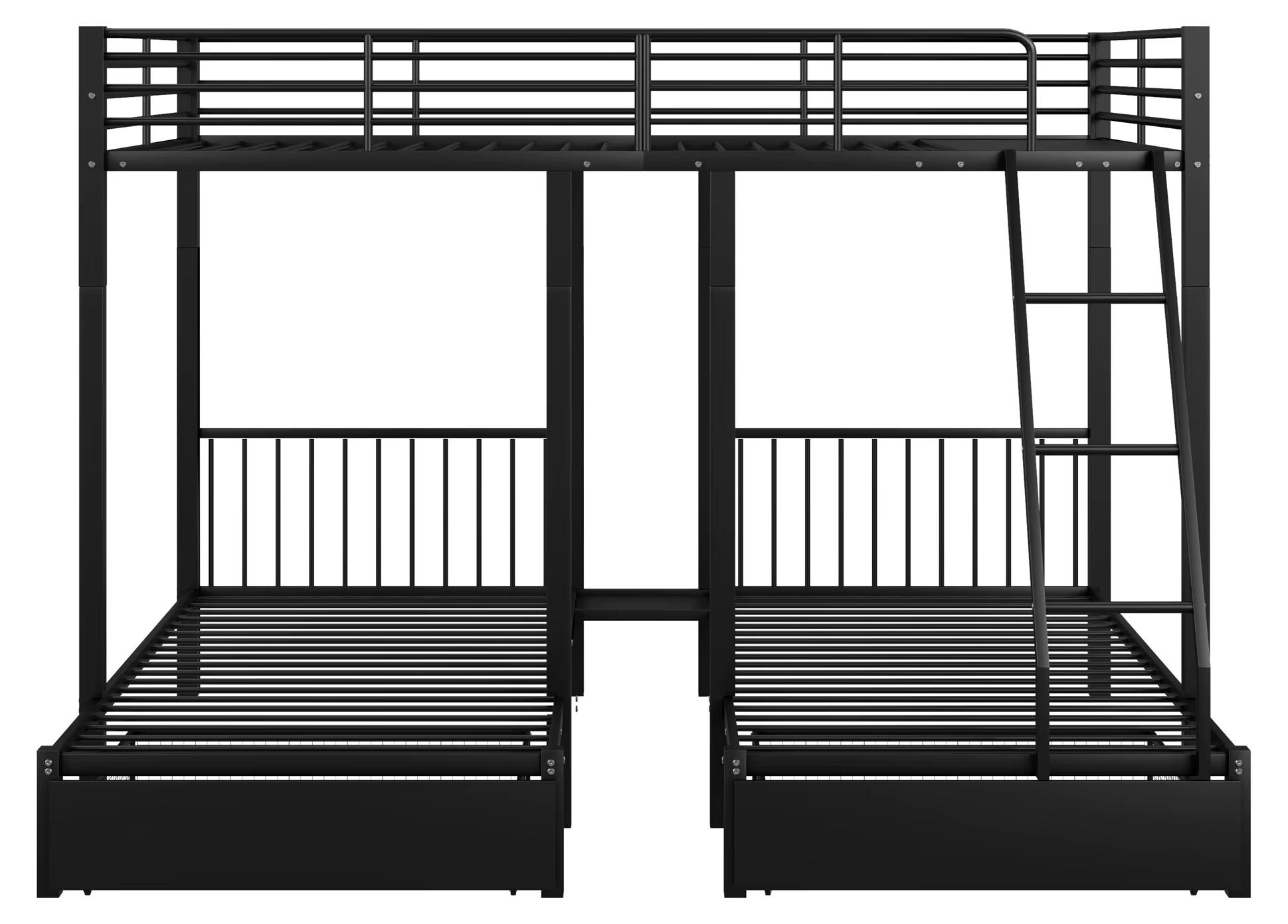 Metallbett - Etagenbett mit Schubladen - Umwandelbar in ein Doppelbett 140x200 cm oder zwei Einzelbetten 90x200 cm - Schwarz