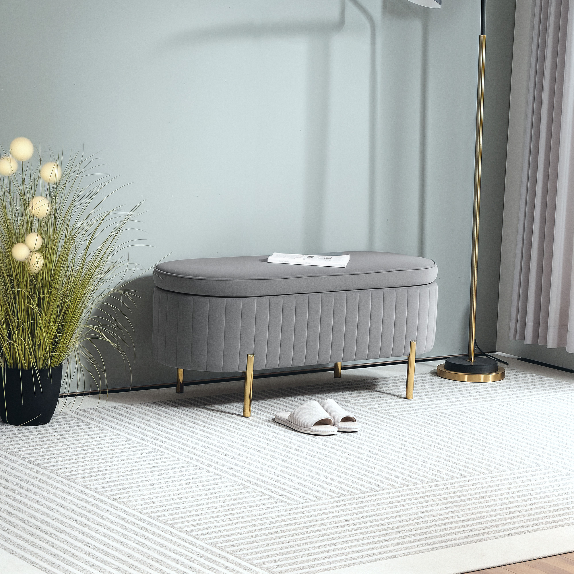 Homcom Panca Contenitore Ovale da 72L con Coperchio Sollevabile, in Tessuto Vellutato e Legno, 108x44x43.5 cm, Grigio   Aosom Italy