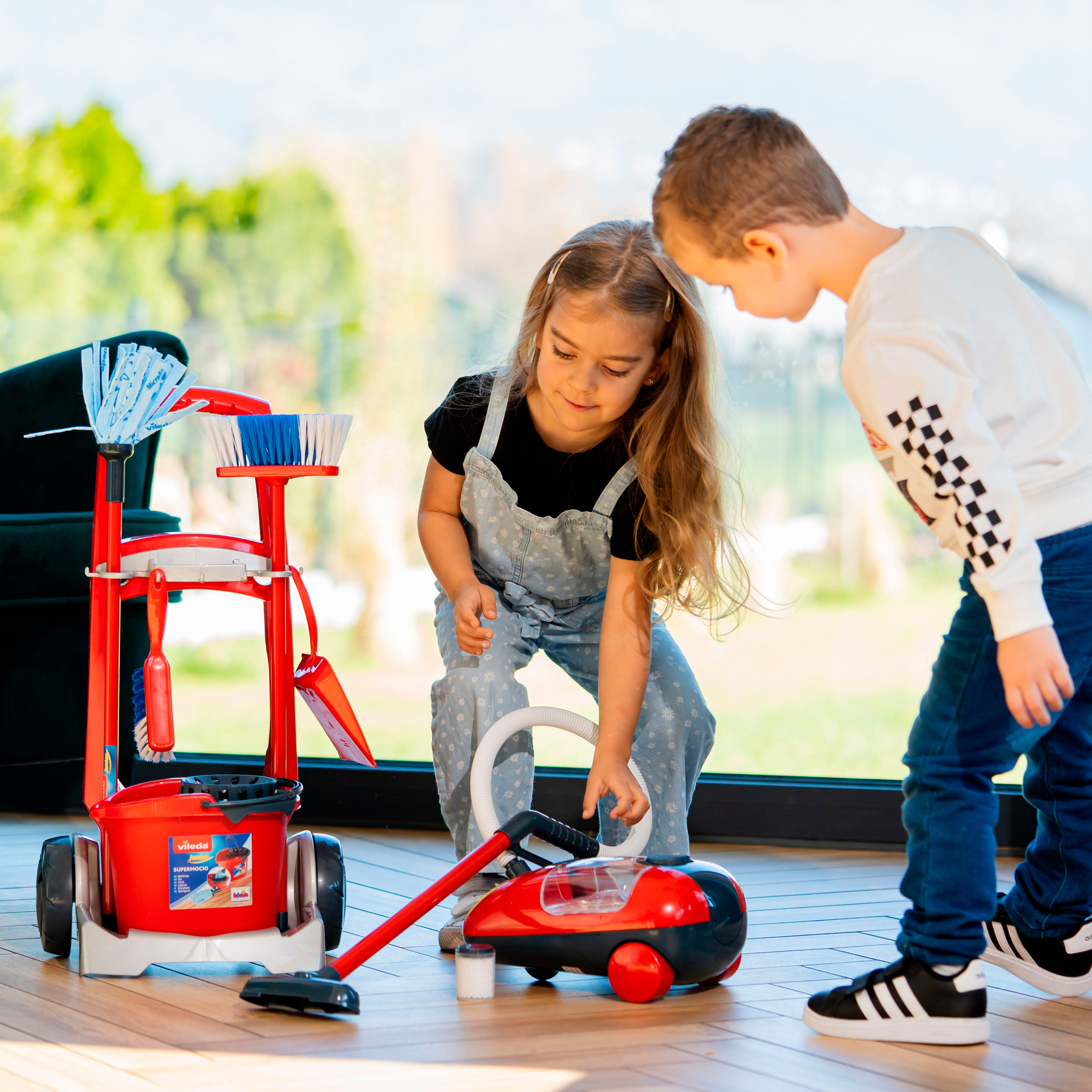 Kinder-Putzwagen KLEIN "Vileda Besenwagen mit Vileda Staubsauger", rot, Spielzeug-Haushaltsgeräte, Kinder, Kinder-Putzwagen, mit Spielstaubsauger, Made in Germany