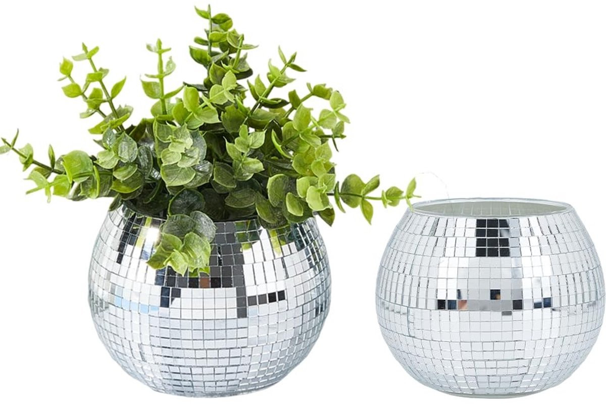 Omgoods Disco Bal Vaas - Ronde Decoratieve Spiegelvaas in Zilver - B/D/H: 11,8 x 9,5 cm