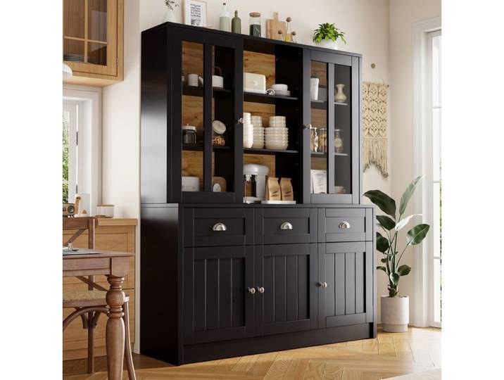 Buffet haut vitrine AESVAR 140 x 40 x 175 cm noir 3 tiroirs portes en acrylique et étagères réglables