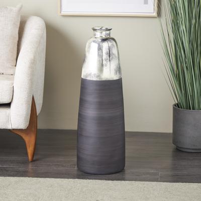 ARCILLA ELEMENTAL Black Glass Tall Brushed Two-Toned Floor Decorative Vase with Textured Silver Top
