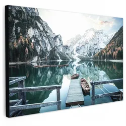 LEINWANDBILD Natur - Berge - Schnee - Wald - Boot Deko Schlafzimmer 30x20 cm